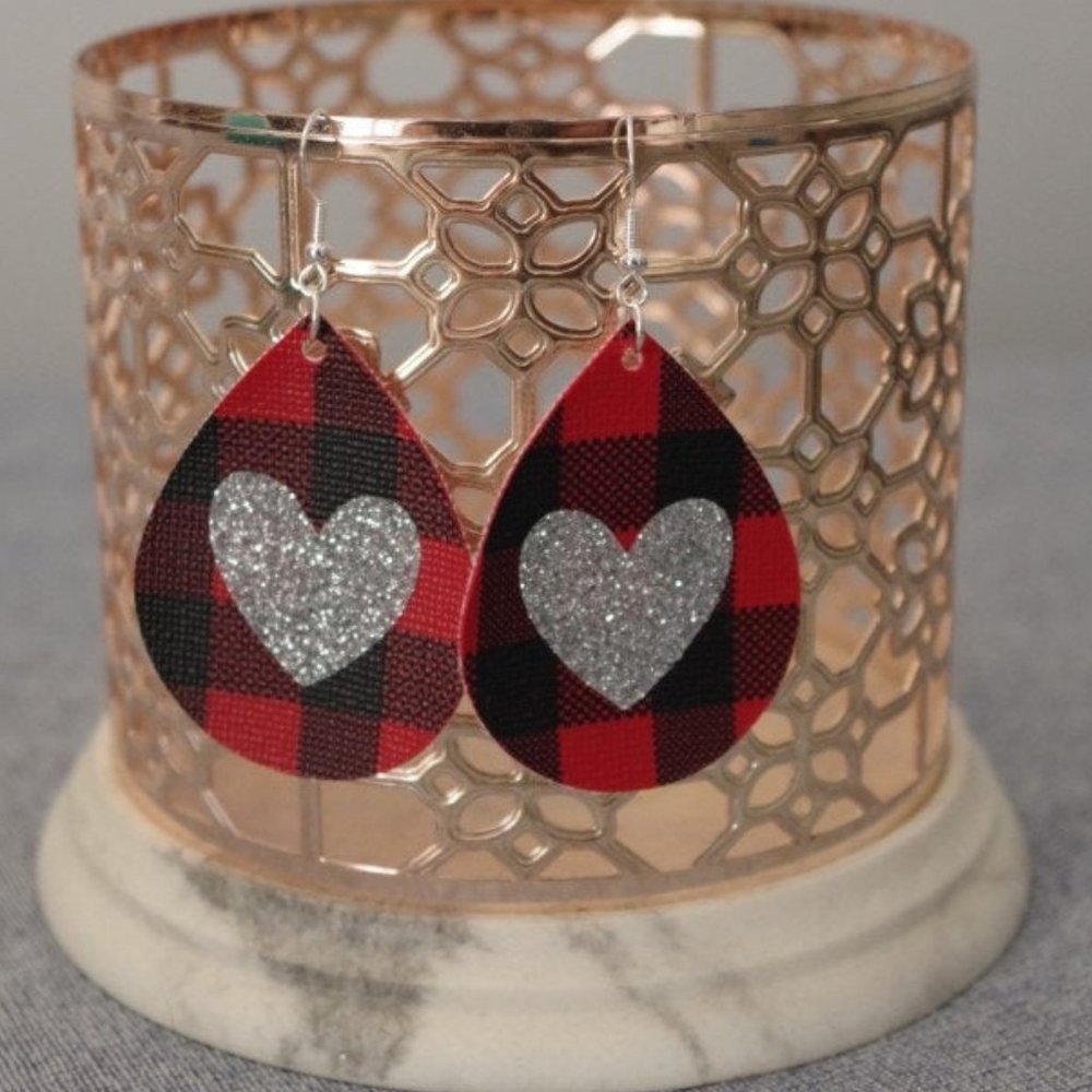 Red Buffalo Plaid with Silver Glitter Heart Teardrop Earrings